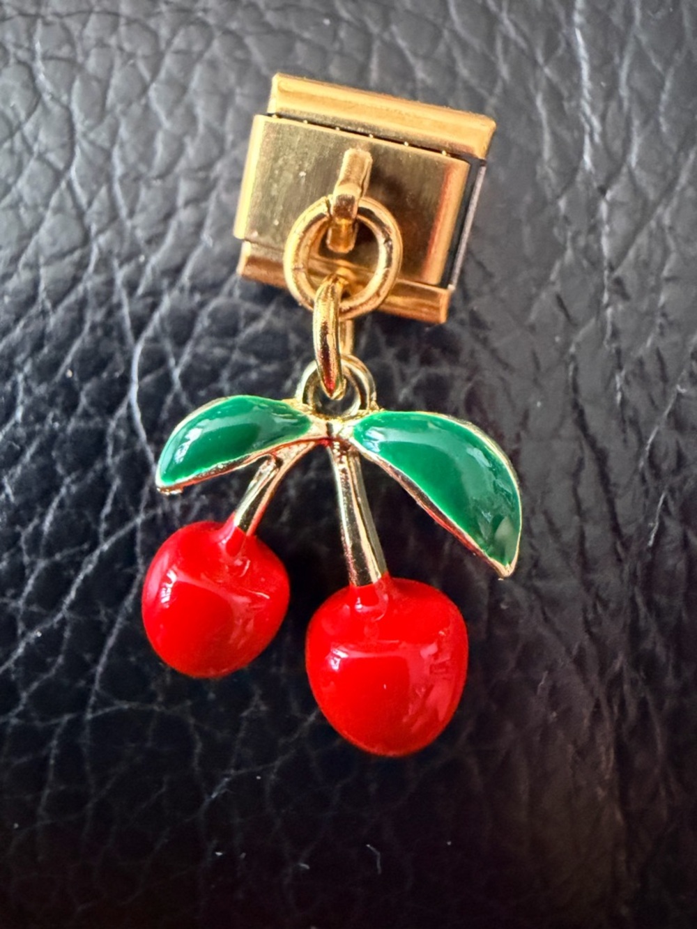Italian Charm Link – Dangling Red Cherries with Green Leaves, Gold-Tone